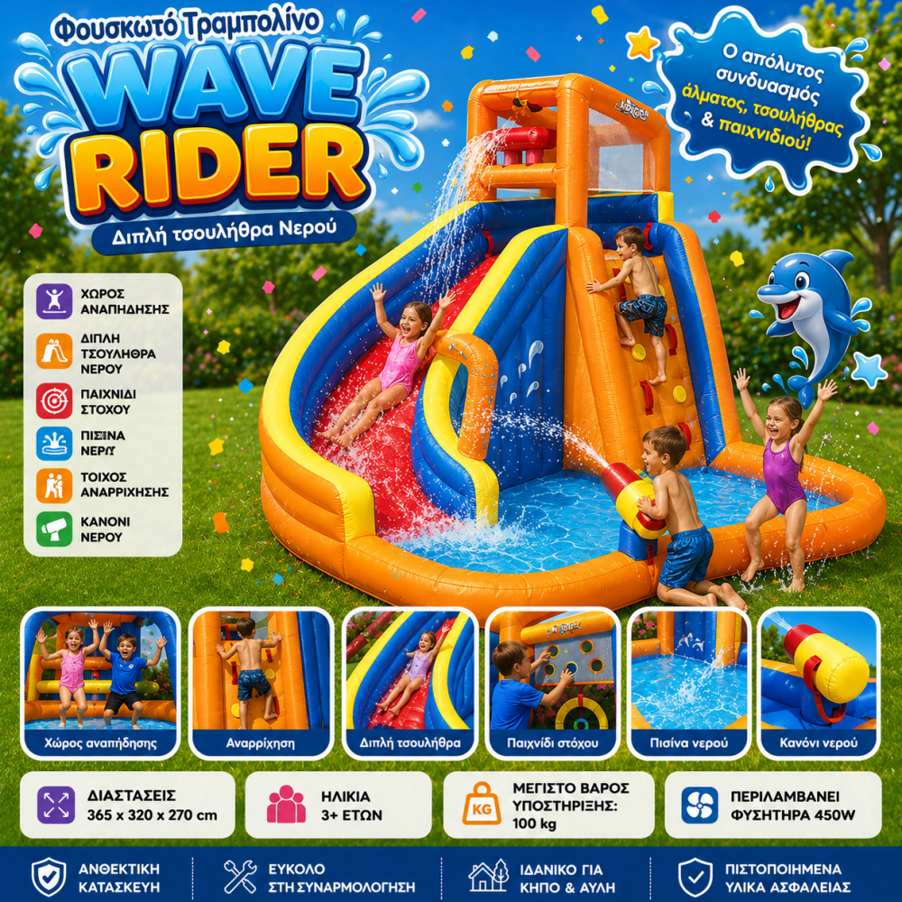 Φουσκωτό Τραμπολίνο Wave Rider με Διπλή Τσουλήθρα Νερού, Πισίνα & Χώρο Δραστηριοτήτων 365×320×270 cm Φουσκωτό Τραμπολίνο Wave Rider με Διπλή Τσουλήθρα Νερού, Πισίνα & Χώρο Δραστηριοτήτων 365×320×270 cm