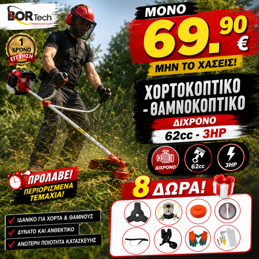BORTECH Δίχρονο Χορτοκοπτικό - Θαμνοκοπτικό Βενζίνης 62cc - 3.0hp +8 ΔΩΡΑ 520 BORTECH Δίχρονο Χορτοκοπτικό - Θαμνοκοπτικό Βενζίνης 62cc - 3.0hp +8 ΔΩΡΑ 520