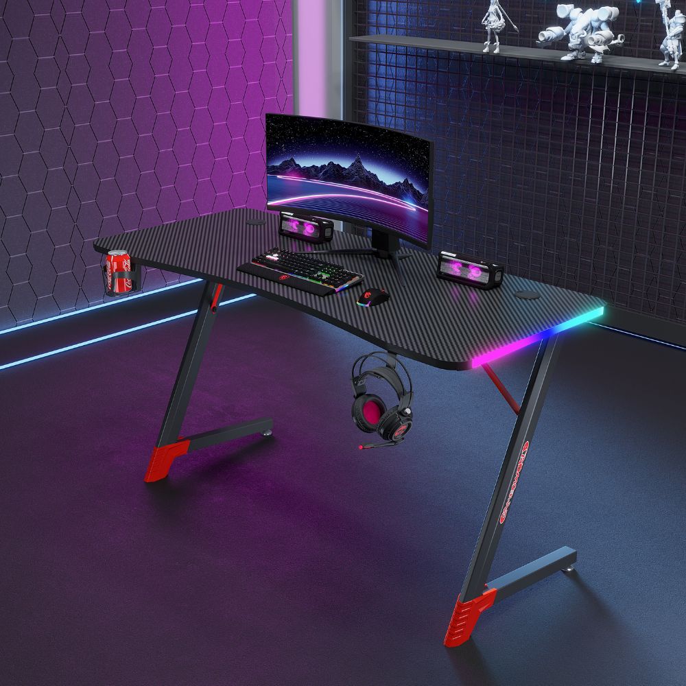 Γραφείο Gaming με φωτισμό RGB, υφή ανθρακονήματος και μεταλλικό σκελετό Ροζ - Λευκό 140x60x74cm D2209-PINK Γραφείο Gaming με φωτισμό RGB, υφή ανθρακονήματος και μεταλλικό σκελετό Ροζ - Λευκό 140x60x74cm D2209-PINK