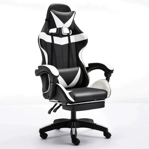 Καρέκλα Gaming  – τεχνόδερμα με υποπόδιο ΛΕΥΚΟ-ΜΑΥΡΟ 60x50x118/128εκ